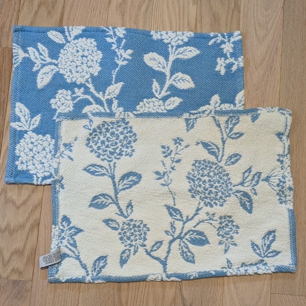 Shabby Chic Blue White Floral Cotton Placemats Set of 2 Reversible Hydrangea